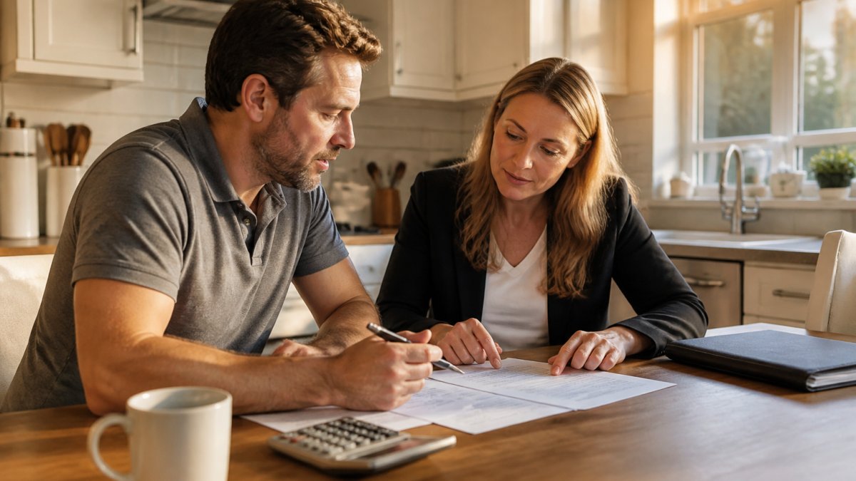 A homeowner and a mortgage broker reviewing documents and a calculator at a kitchen table, with a laptop showing home equity figures, warm afternoon light