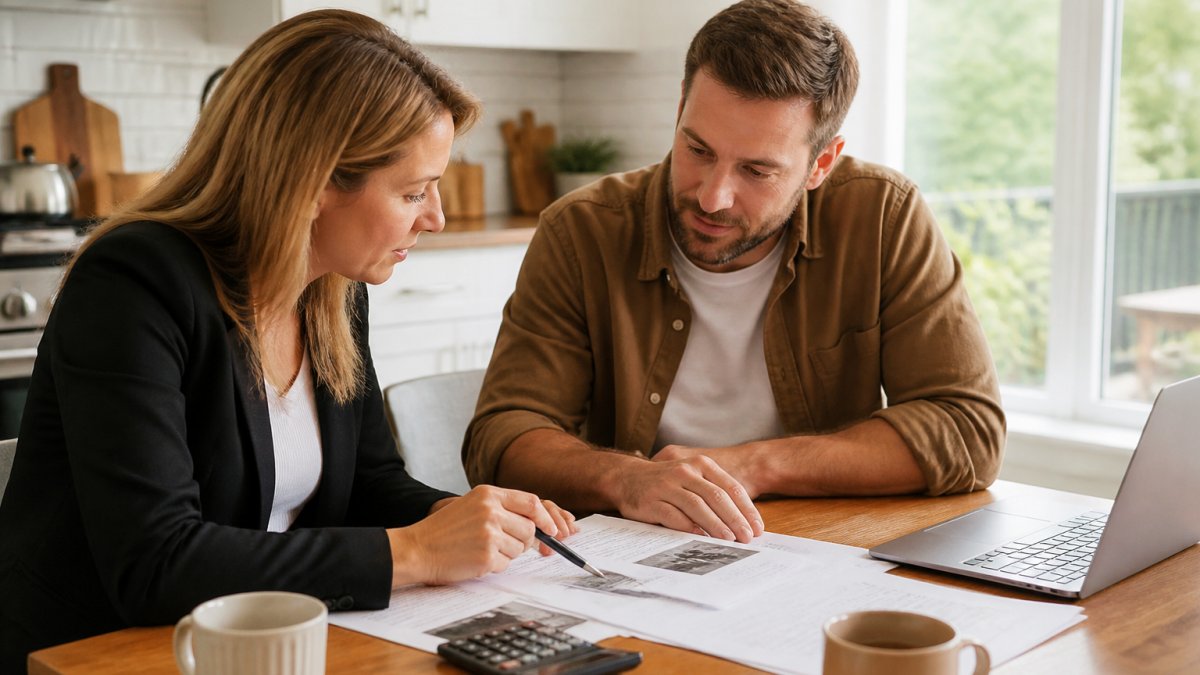 A homeowner and a mortgage advisor reviewing property documents and a calculator at a kitchen table, with a laptop showing a listing open nearby