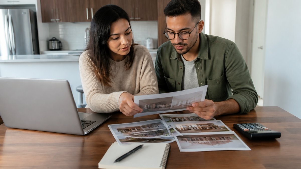 A young couple sitting at a kitchen table with a laptop, calculator, and notepad, reviewing home listing printouts together in a bright Edmonton home