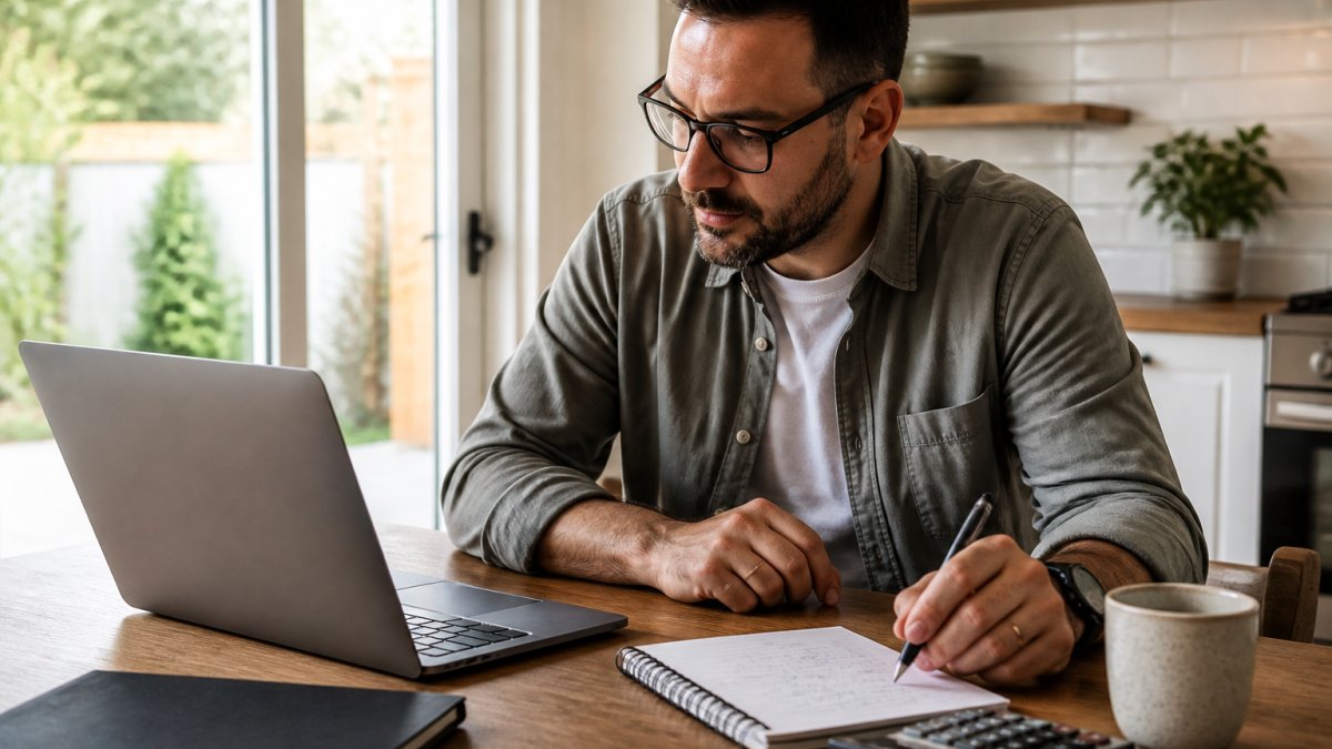 Process flow diagram for refinancing to pay off debt using a mortgage calculator at a home desk