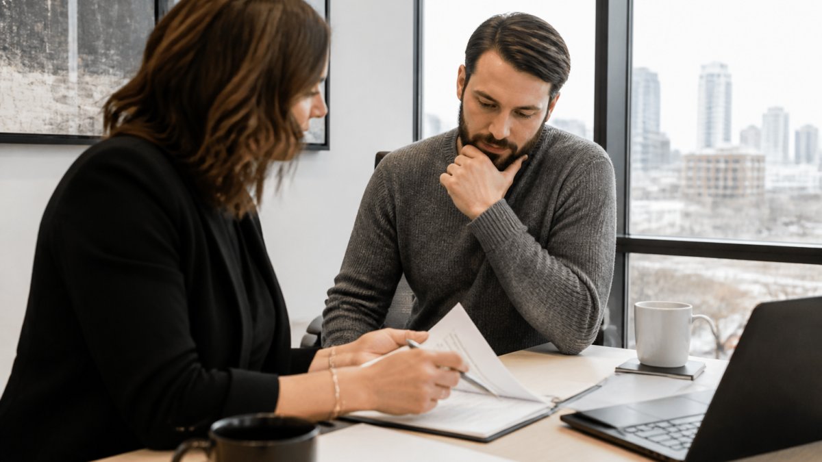 A mortgage broker and a first-time homebuyer reviewing paperwork together at a desk in a bright Edmonton office, laptop open to a mortgage application, coffee cups nearby, afternoon light through the window