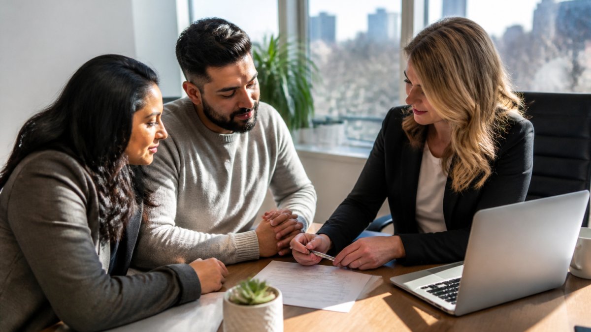 A self-employed couple sitting with a mortgage broker at a desk, reviewing documents and a laptop in a bright Edmonton office