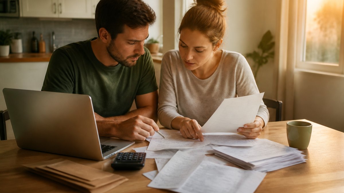 A young couple sitting at a kitchen table with a laptop, calculator, and stack of paperwork, reviewing a household budget under warm evening light